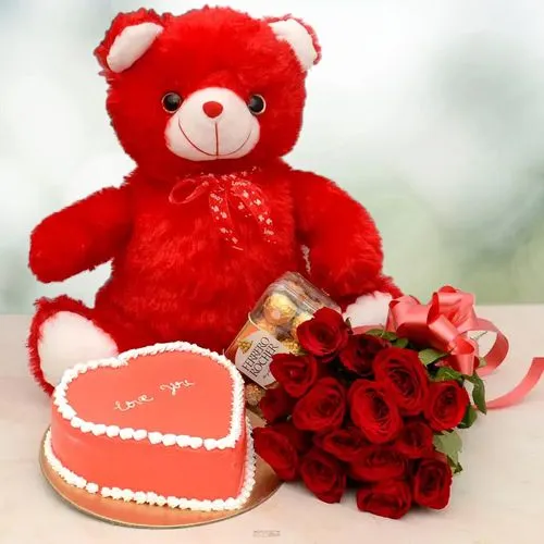 Sensational Gift of Rose Bouquet, Love Cake, Teddy n Chocolates