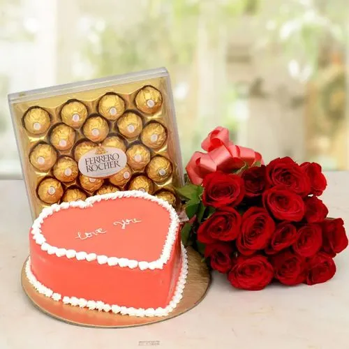 Stylish Red Roses Bouquet n Love Choco Cake with Ferrero Rocher