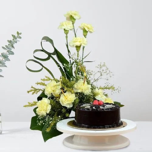 Graceful Bouquet of White Carnations with Choco Truffle Cake