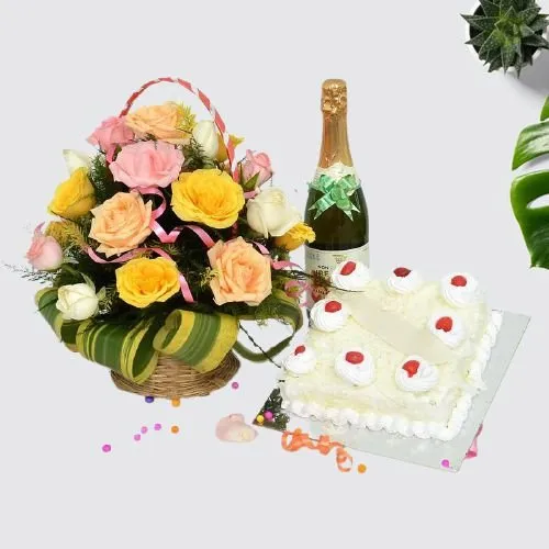 Joyful Basket of Mixed Roses with White Forest Cake N Fruit Juice