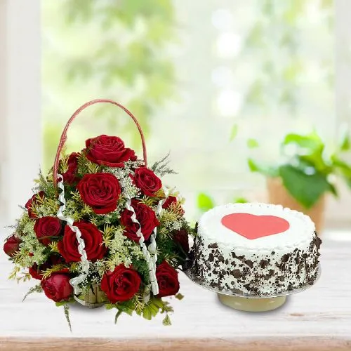 Impressive Basket of 25 Red Roses N Black Forest Cake with Red Heart