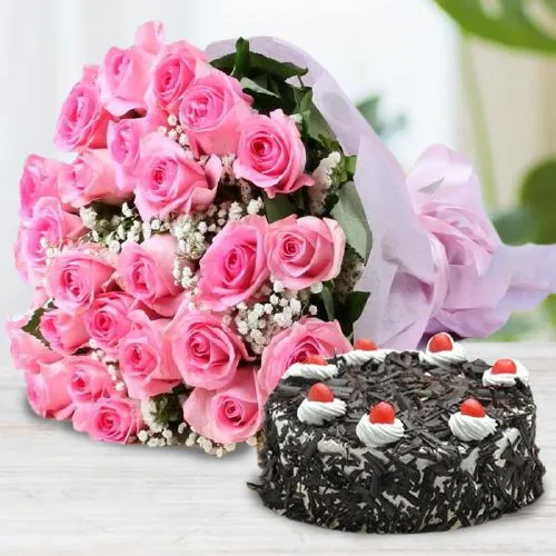 Delicate Pink Roses Bouquet with Black Forest Cake Combo