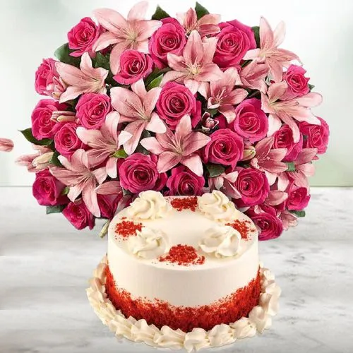 Glamorous Pink Flowers Bouquet N Red Velvet Cake Combo