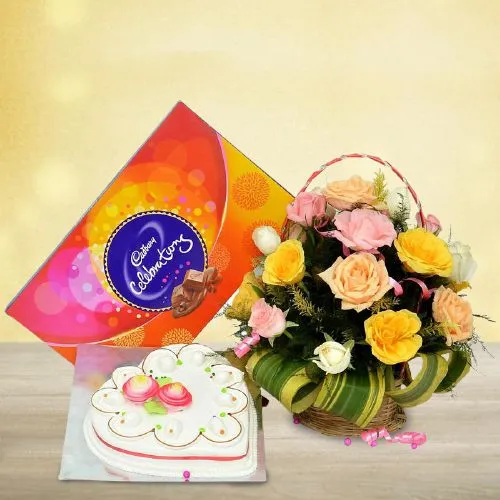 Joyful Combo of Assorted Roses Basket, Vanilla Cake n Cadbury Celebration	 	
