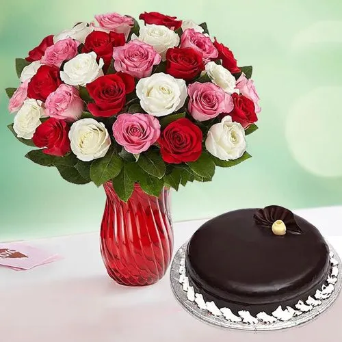 Amazing Gift of 36 Mixed Roses in Vase with Chocolate Cake