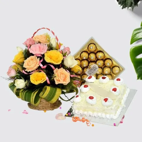 Magnificent Mixed Roses Basket with White Forest Cake n Ferrero Rocher