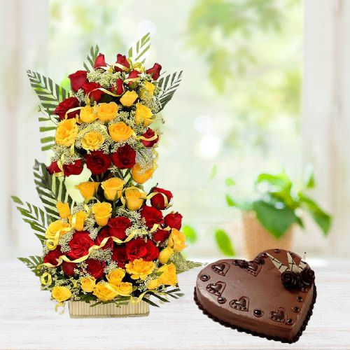 Dazzling Combo of 50 Mixed Roses Basket with Chocolate Cake