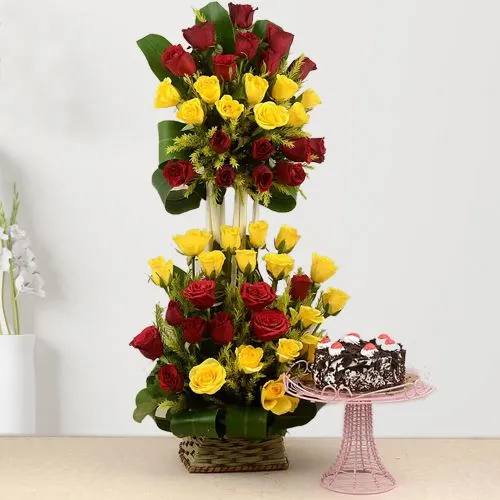Brilliant Combo of Mixed Roses Tall Basket Arrangement with Black Forest Cake