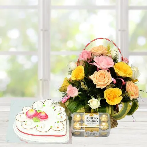 Colorful Roses Basket, Vanilla Cake n Ferrero Rocher Gift Combo	