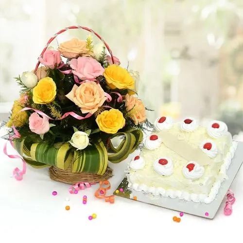 Fabulous Combo of Colorful Roses Basket with White Forest Cake