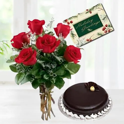 Gorgeous Gift of Red Roses Bunch n Chocolate Cake