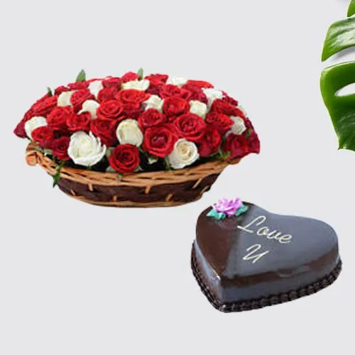 Dazzling Basket of 75 Assorted Roses with Heart Shape Choco Cake