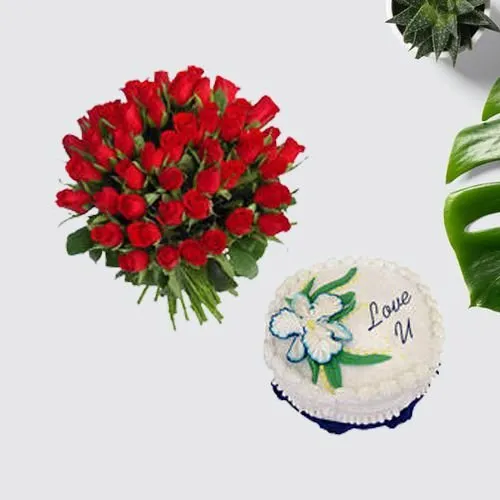 Splendid Gift of 48pc Red Roses Bunch with Pineapple Cake