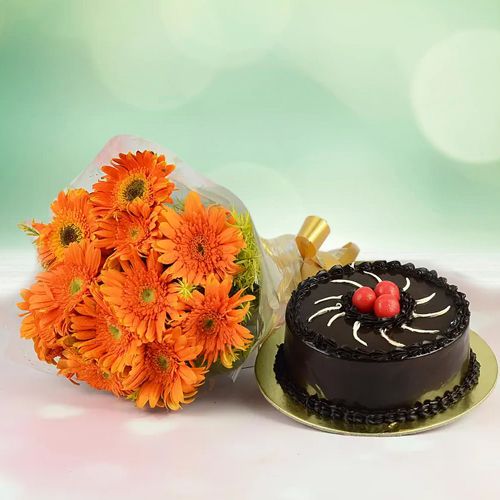 Superb Selection of Orange Gerberas Bouquet with Chocolate Cake