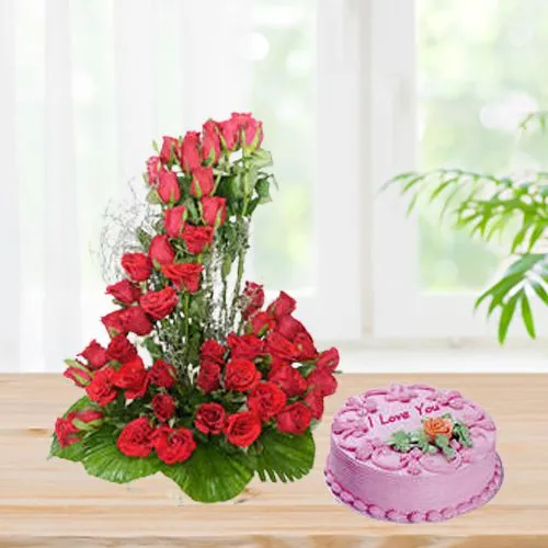 Glamorous 50 Red Roses Tall Basket with Strawberry Cake