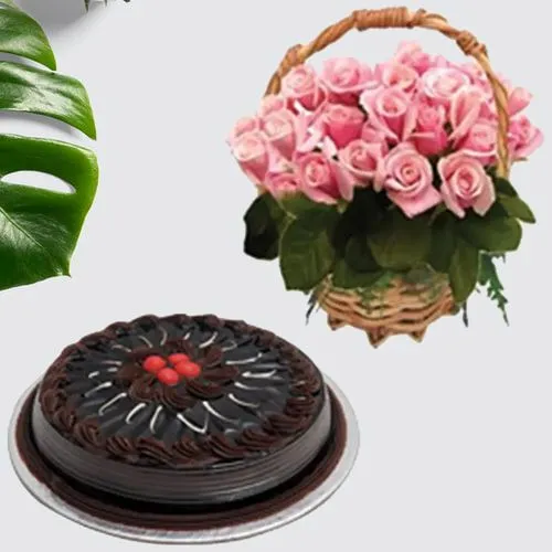 Beautiful 50 Pink Roses Basket n Chocolate Cake