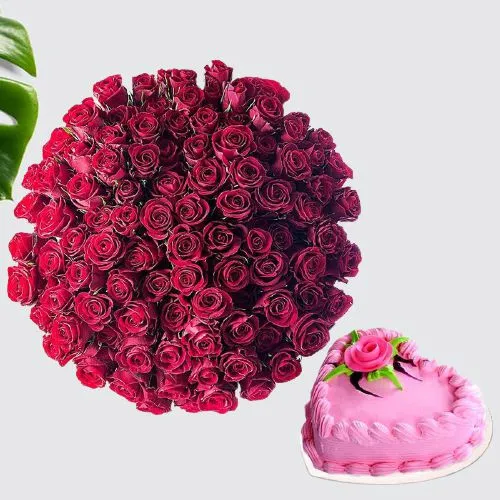 Glamorous 100 Red Roses Bunch with Strawberry Love Cake