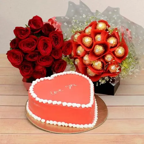 Lovely Red Roses Bouquet with Love Chocolate Cake n Ferrero Rocher Bouquet