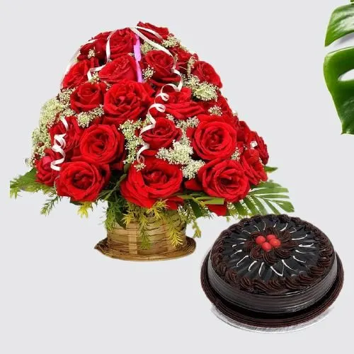 Gorgeous Basket of 50 Red Roses with Chocolate Cake