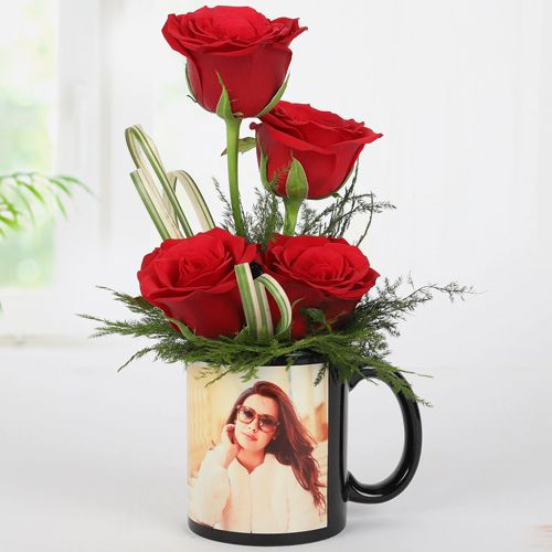 Lovely Arrangement of Red Roses in Personalized Photo Coffee Mug
