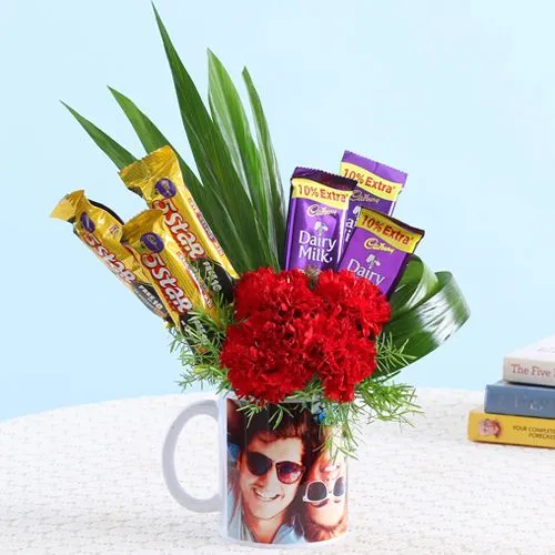 Elegant Personalized Picture Mug Full of Carnations n Cadbury Chocolates