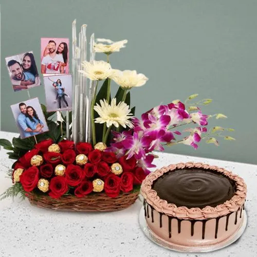 Beautiful Flowery, Chocolaty N Personalized Picture Basket with Chocolate Cake