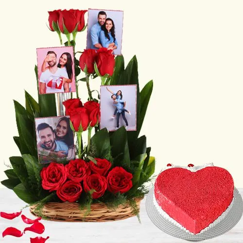 Splendid Combo of Red Roses N Personalized Photo Basket with Love Red Velvet Cake
