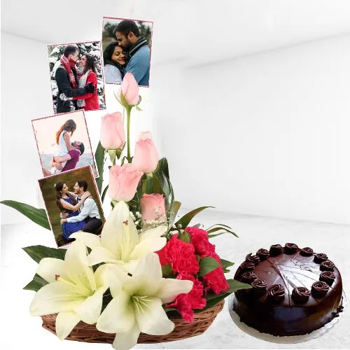 Radiant Love Combo of Mixed Flowers N Personalized Photo Basket with Chocolate Cake