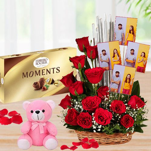 Alluring Roses N Personalized Photo Basket with Cute Teddy n Ferrero Moments