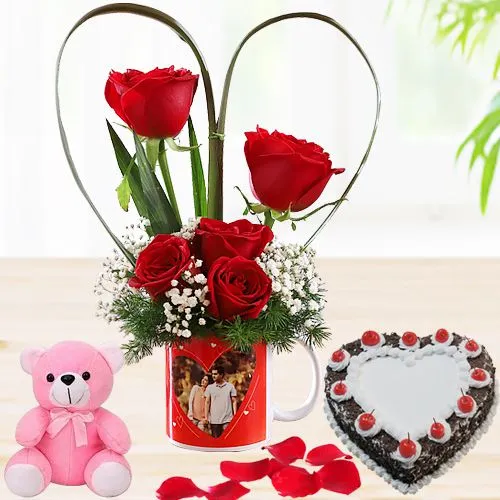 Lovely Roses in Personalized Photo Mug with Black Forest Love Cake n Soft Teddy