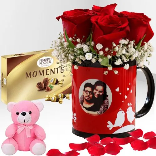 Classy Personalized Photo Mug Full of Roses with Ferrero Moments n Cute Teddy