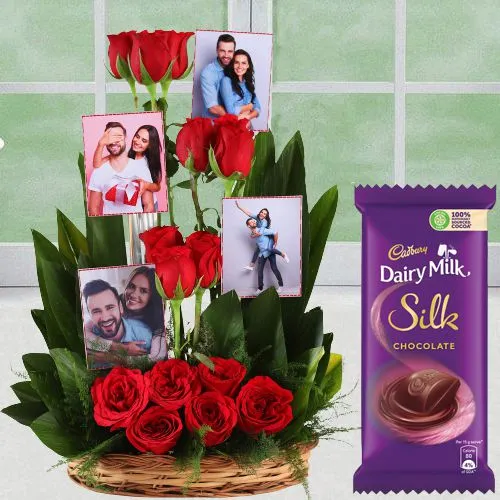 Lovely Arrangement of Red Roses n Personalized Pics with Cadbury Silk