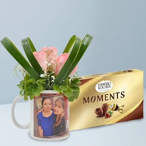 Awesome Gift of Roses in Personalized Photo Mug with Ferrero Moments