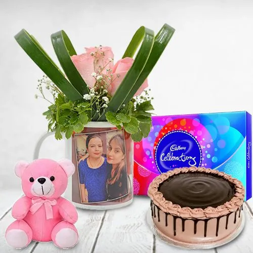 Expressive Personalized Photo Mug of Roses with Chocolate Cake, Teddy and Cadbury Chocolates