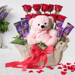 Romantic Basket of Red Roses, Cadbury Dairy Milk n Cute Teddy