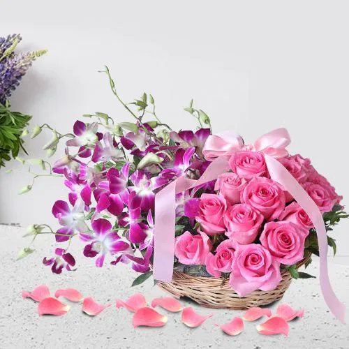 Color of Love Pink Roses n Purple Orchids Basket