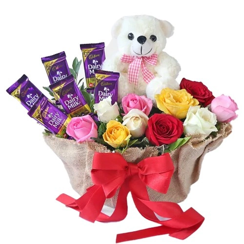 Delightful Mixed Roses, Cadbury Chocolate n Soft Teddy Basket
