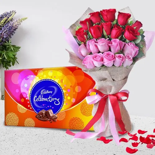For You Red n Pink Roses Bouquet with Cadbury Celebrations