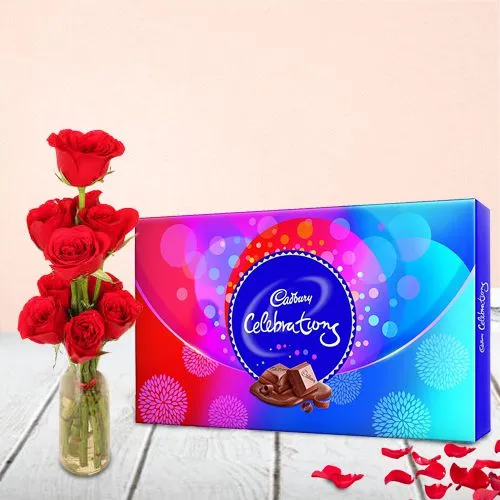 Lovely Red Roses in Vase N Cadbury Celebrations Gift Duo