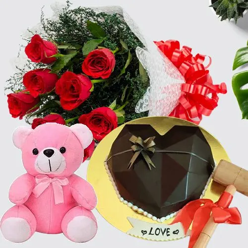Magnificent Choice of Chocolaty Love Hammer Cake, Roses Bouquet n Teddy