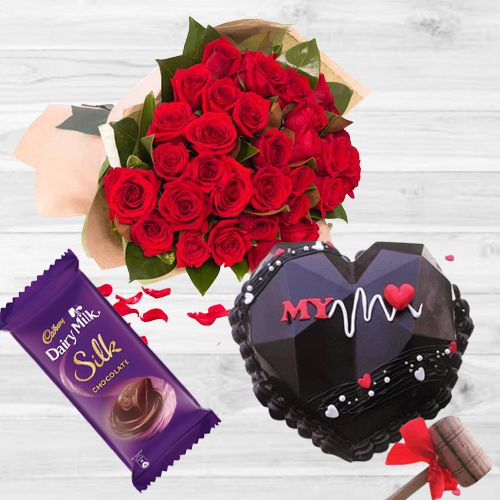 V-day Gift of Roses Bouquet, Chocolaty Heart Hammer Cake n Cadbury Silk 	