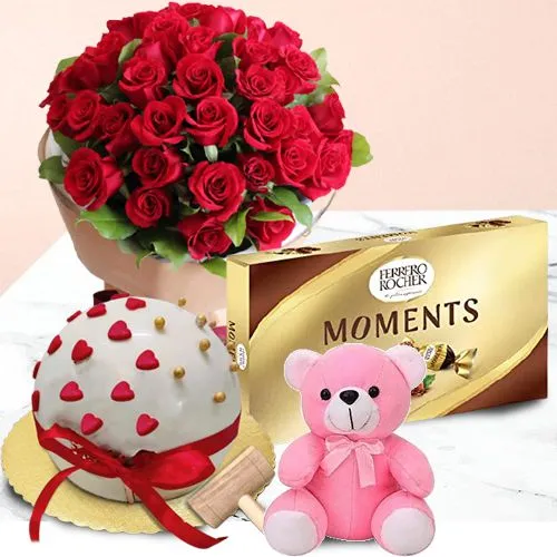 Special Dutch Roses Bouquet, Love Ball Pinata Cake, Ferrero Moments n Teddy	