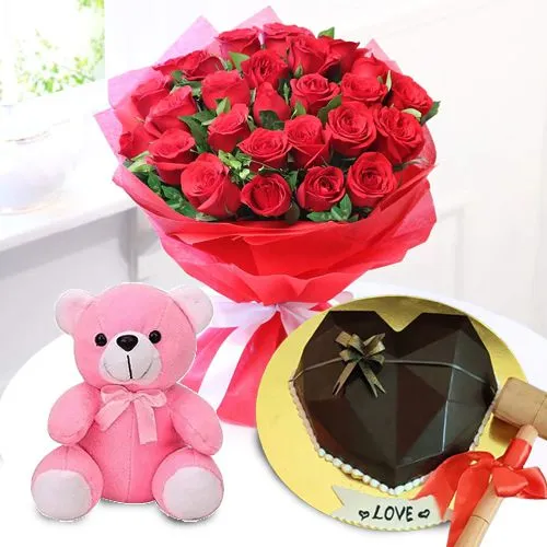Lovely Combo of Red Roses Bouquet, Chocolaty Heart Smash Cake n Teddy		