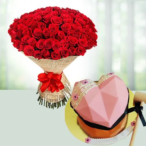 Dazzling 100 Red Rose Bouquet n Heart-Shape Strawberry Smash Cake Gift Combo 			