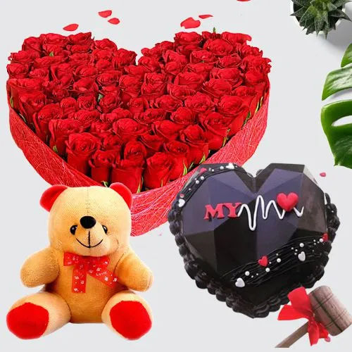 Rosy Heart Bouquet, My Lifeline Chocolate Heart Pinata Cake n Teddy Combo
