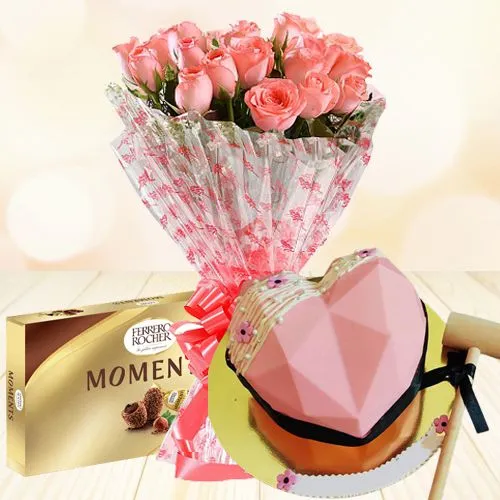 Exclusive Combo of Strawberry Love Smash Cake, Pink Rose Bouquet n Ferrero Moments