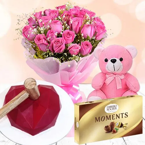 Splendid Pink Rose Bouquet, Red Heart Hammer Cake, Ferrero Moments n Cute Teddy