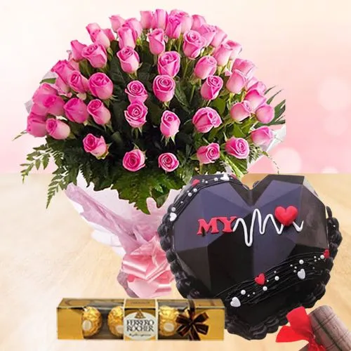 Spellbinding Chocolate Heart Pinata Cake, Pink Rose Bouquet n Ferrero Rocher Combo