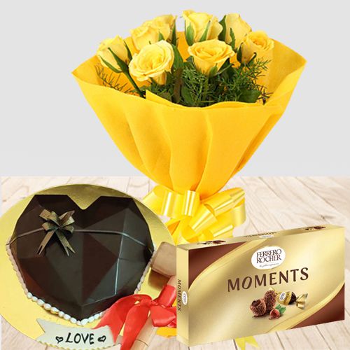 Exclusive Heart-Shape Choco Pinata Cake, Yellow Rose Bouquet n Ferrero Moments