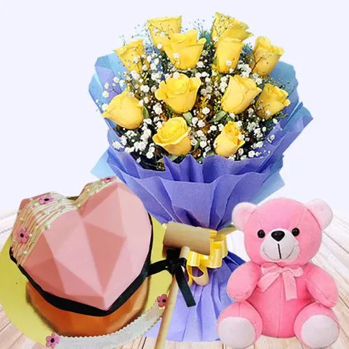 V-day Gift of Heart Shape Strawberry Hammer Cake, Yellow Rose Bouquet n a Pink Teddy